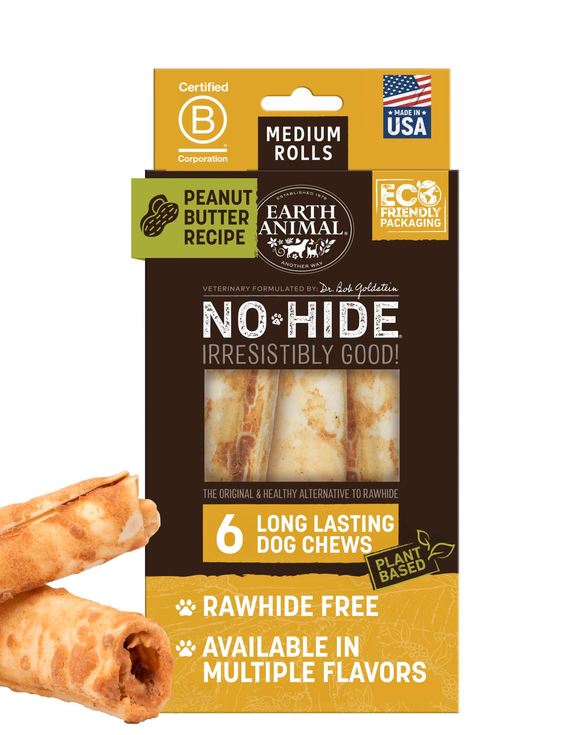 Earth Animal No Hide Chews packaging highlight long-lasting, rawhide-free chews for medium dogs, great boredom relief