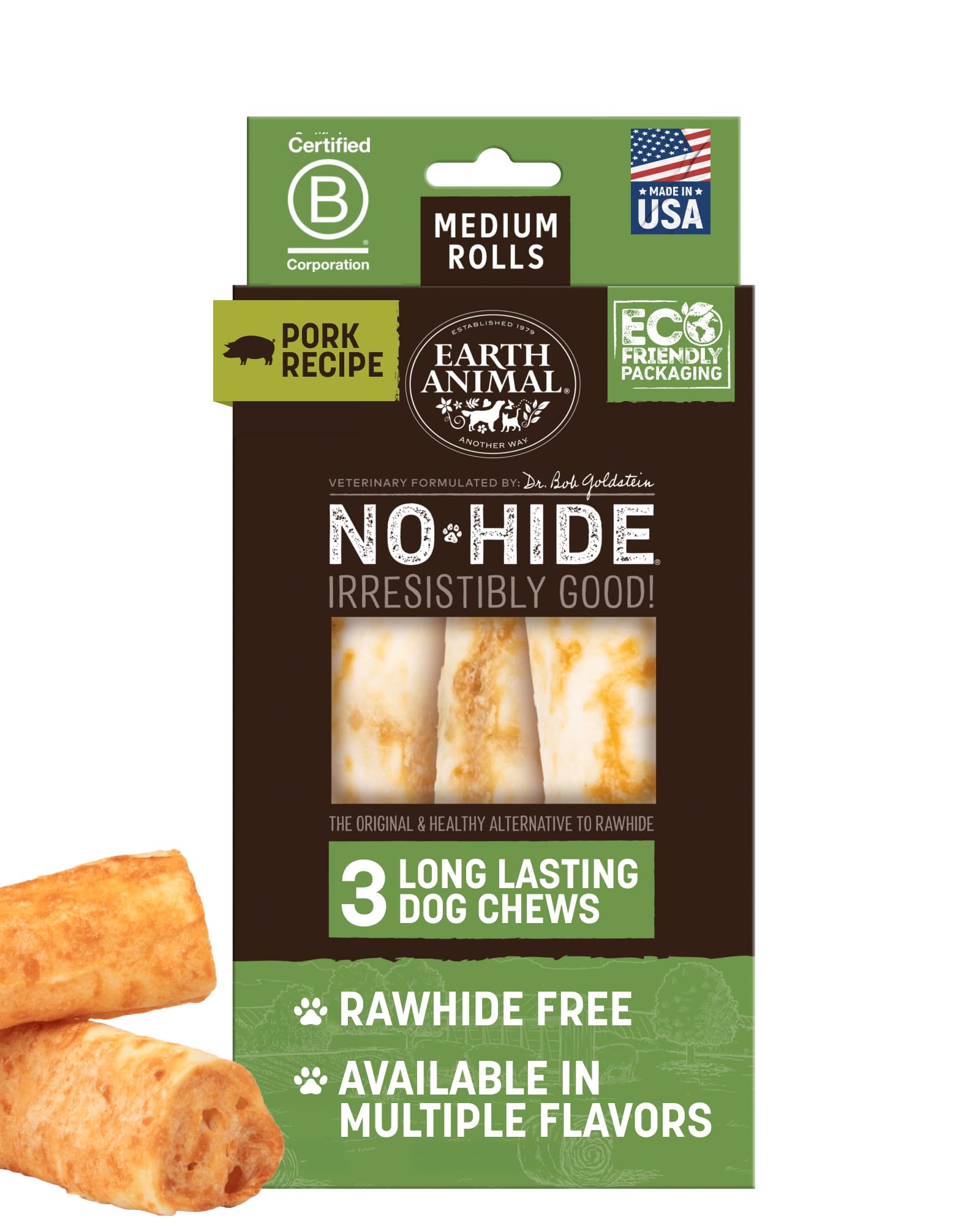 Earth Animal No Hide Rolls pork 3-count value pack ideal for medium dogs.