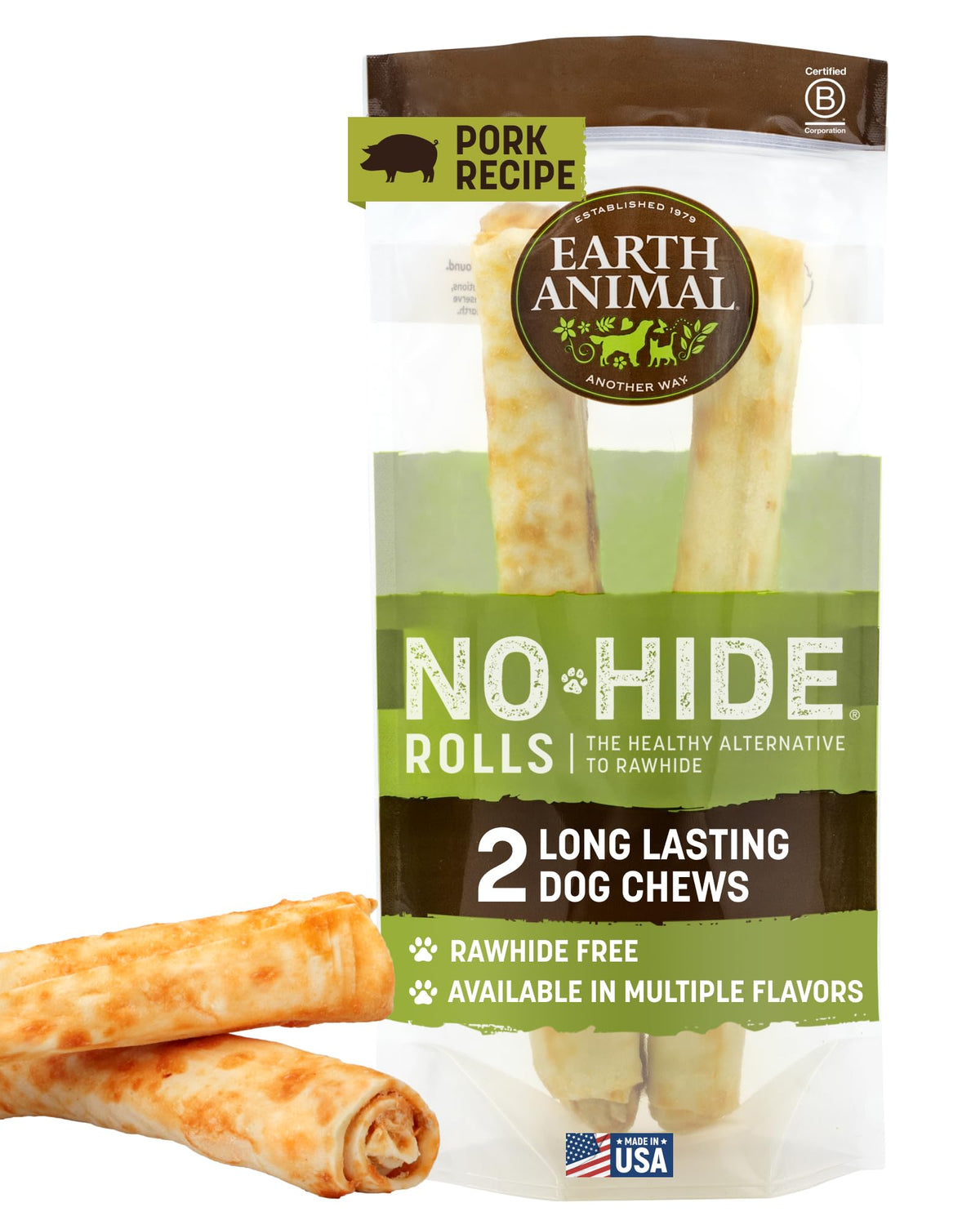 Earth Animal No Hide Chews Rolls packaging highlights rawhide-free pork chews for large dogs.