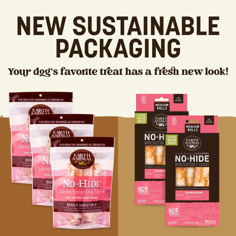 Earth Animal No Hide Chews Salmon Rolls open rolls show convenient six-roll format for medium dogs.
