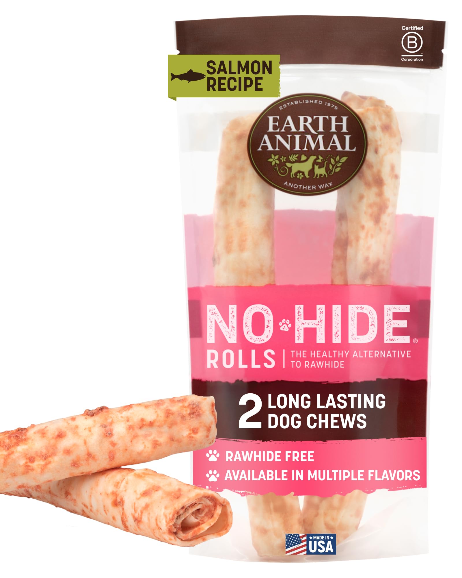 Earth Animal No Hide Chews Salmon Rolls pack front shows long-lasting chews for large dogs