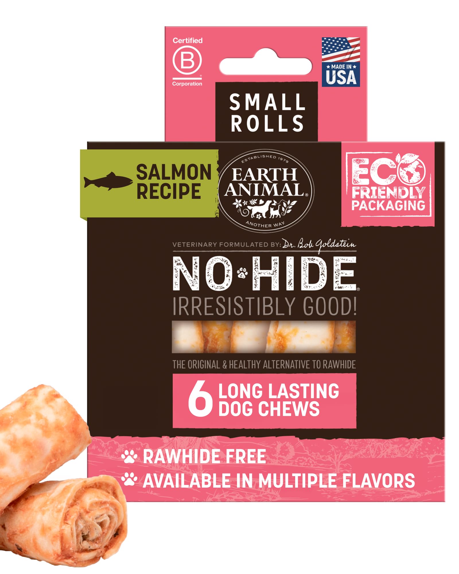 Earth Animal No Hide Chews Salmon Rolls packaging for six-count small dogs