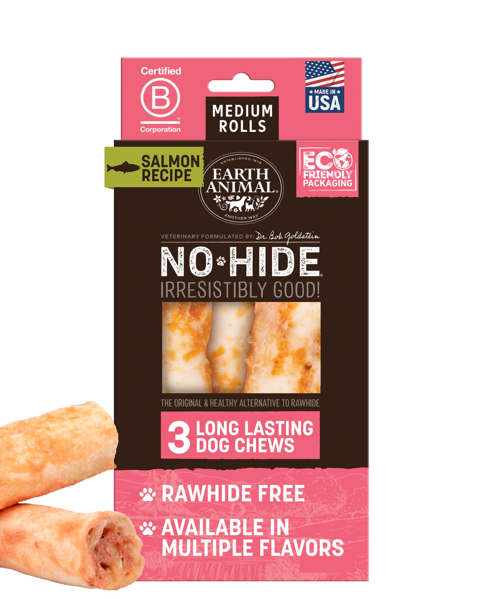 Earth Animal No Hide Chews Salmon Rolls packaging for a 3-count value pack, ideal for medium dogs