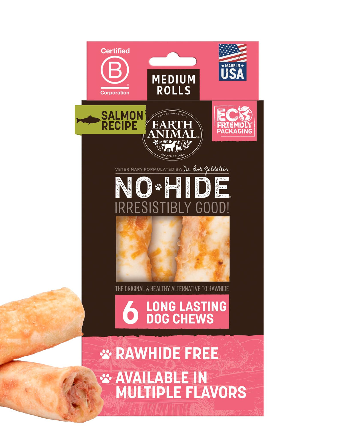 Earth Animal No Hide Chews Salmon Rolls packaging highlights a rawhide-free, long-lasting chew solution.