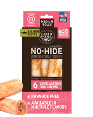 Earth Animal No Hide Chews Salmon Rolls packaging highlights a rawhide-free, long-lasting chew solution.