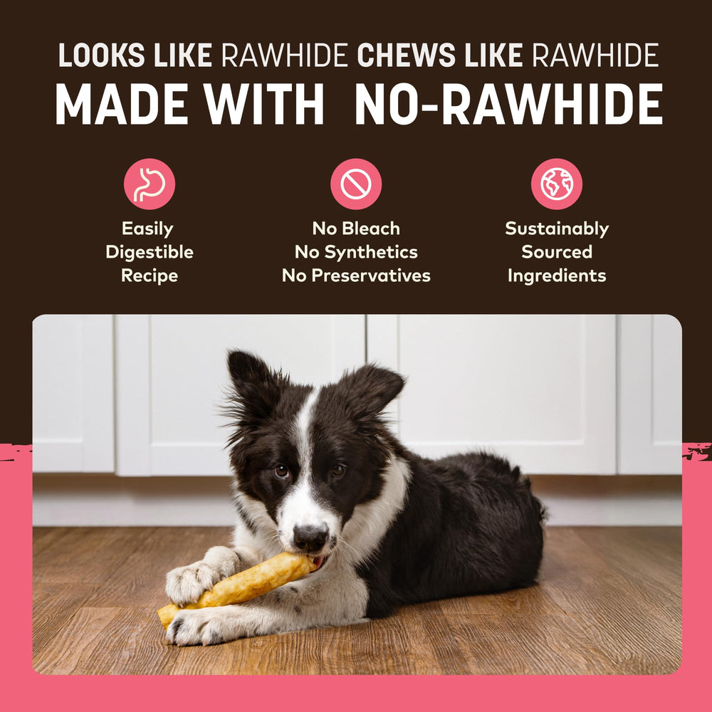 Earth Animal No Hide Chews Salmon Rolls USA-made label signals quality and safety.
