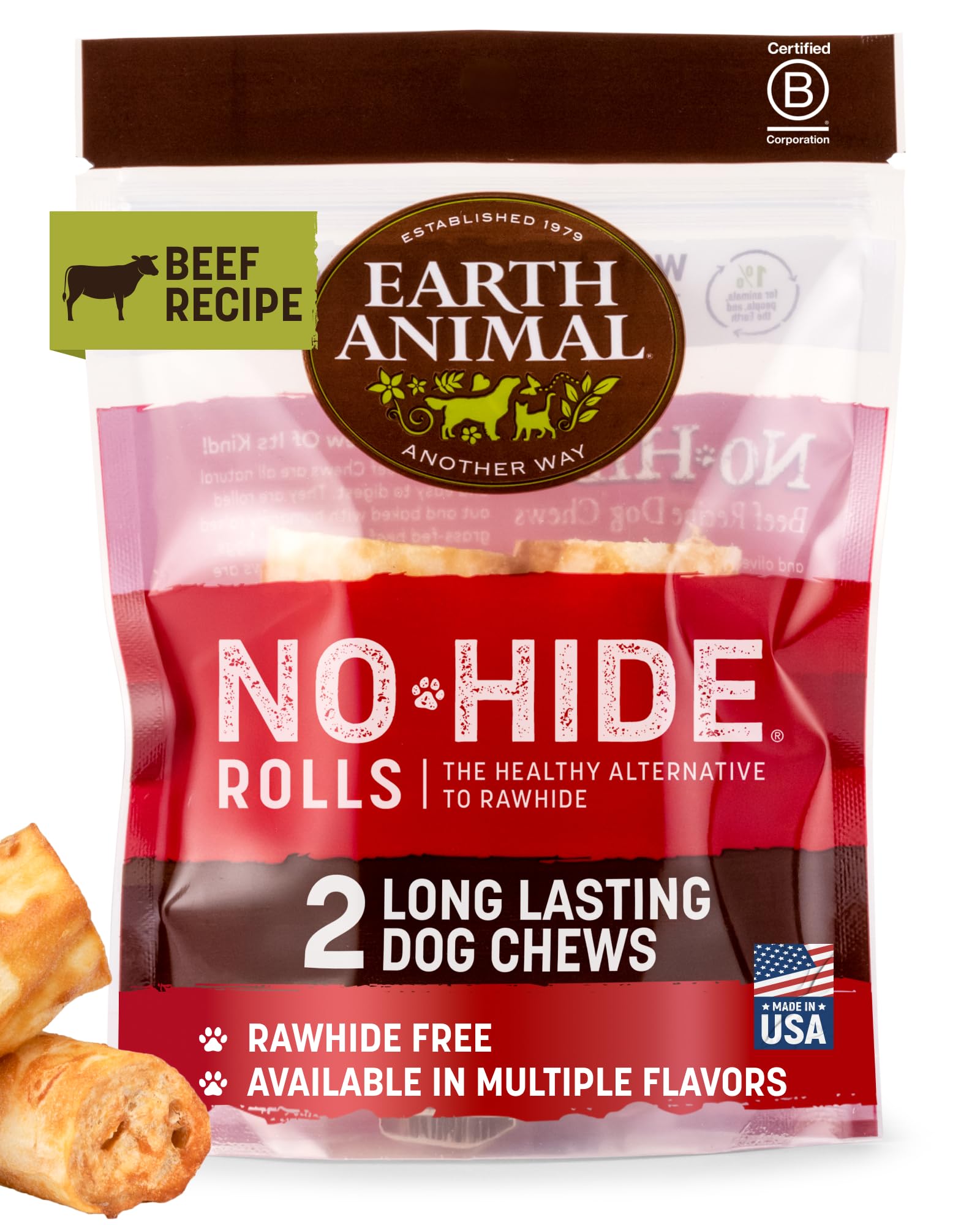 Earth Animal No Hide small-dog beef rolls close-up – long lasting chew for 16-45 lb dogs.