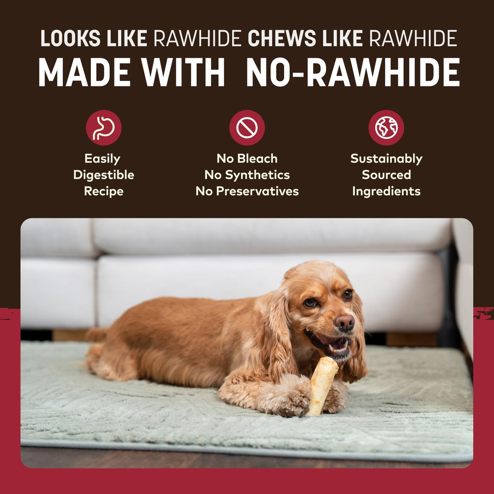 Earth Animal No Hide beef rolls packaging – USA-made, ethically sourced, premium dog chew.