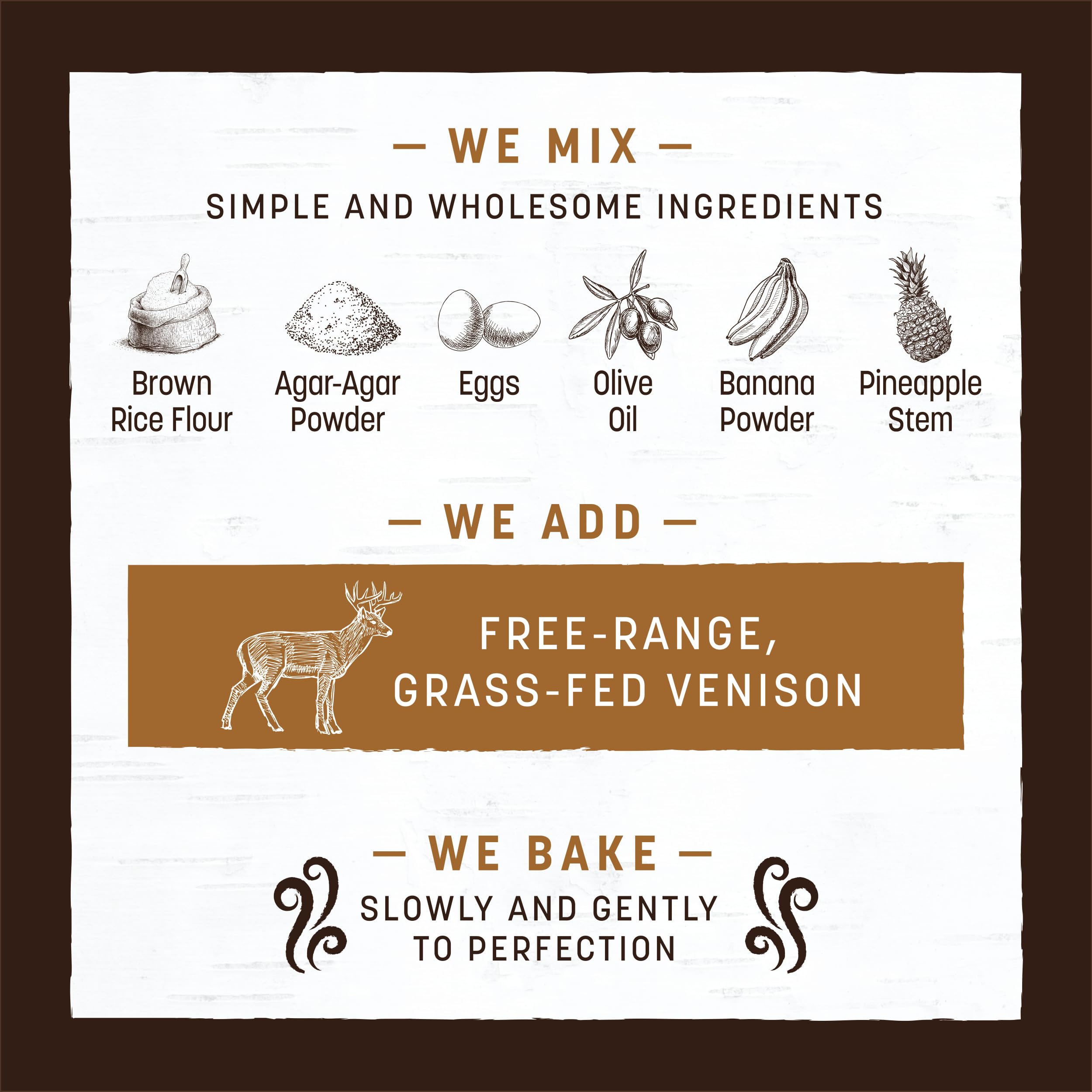 Earth Animal No-Hide venison-rolls ingredients list shows simple, natural chew for dogs.