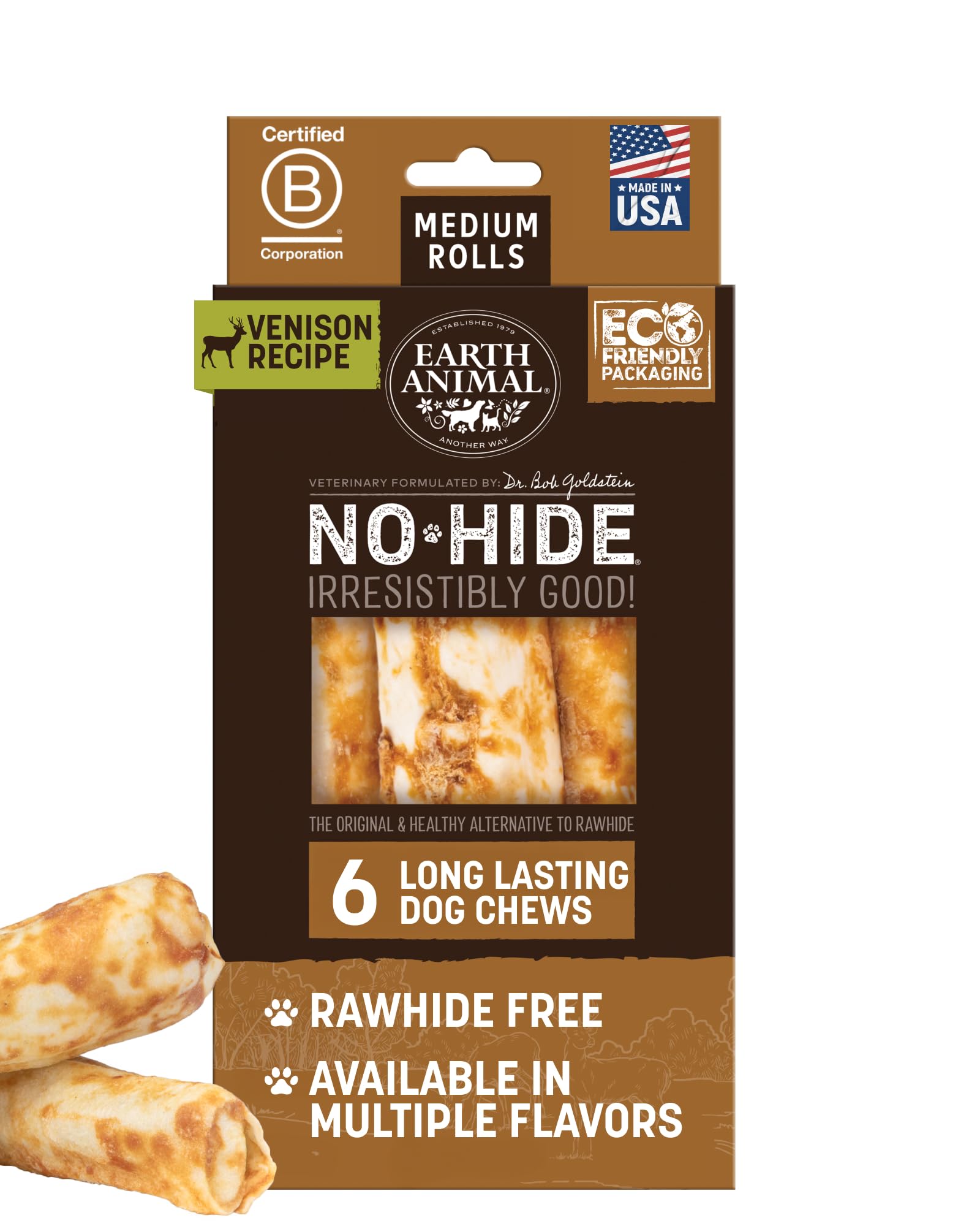 Earth Animal No Hide Venison Rolls packaging shows a long-lasting medium-chew experience.