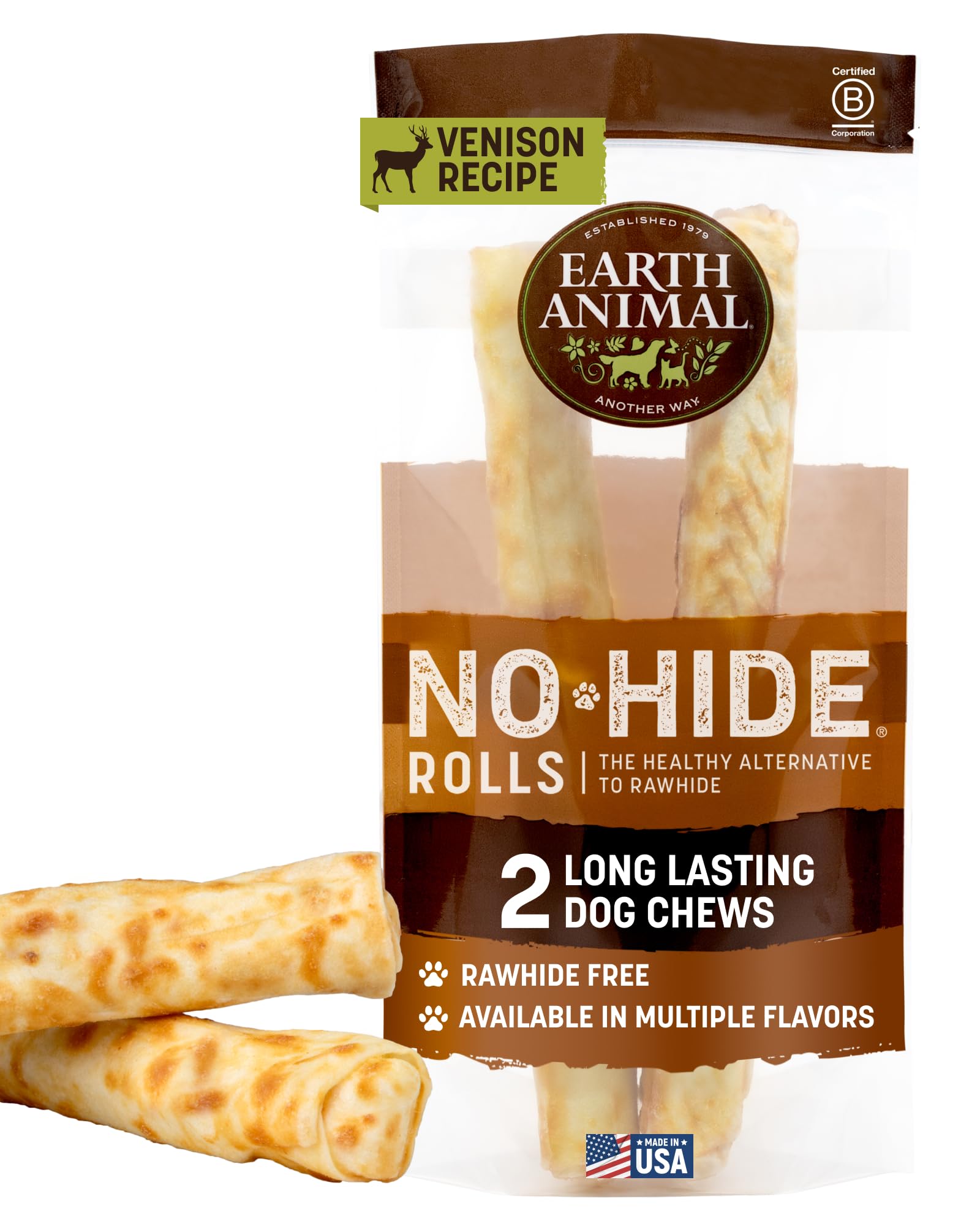 Earth Animal No Hide Venison Rolls packaging shows two-piece rawhide-free chews for large dogs.