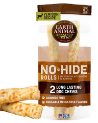 Earth Animal No Hide Venison Rolls packaging shows two-piece rawhide-free chews for large dogs.