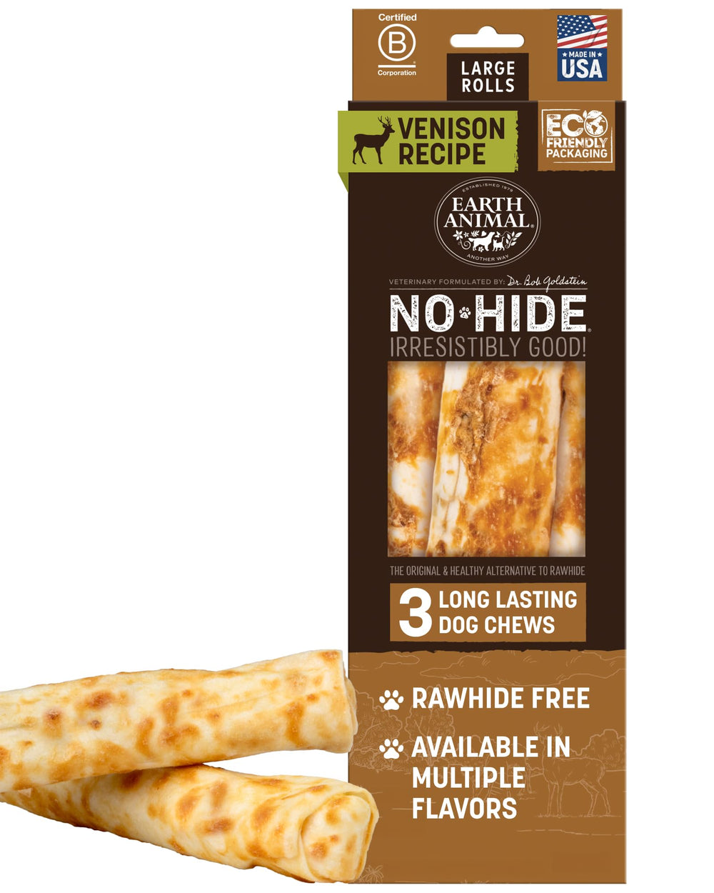 Earth Animal No Hide Rolls venison packaging shows long-lasting chew for large dogs.