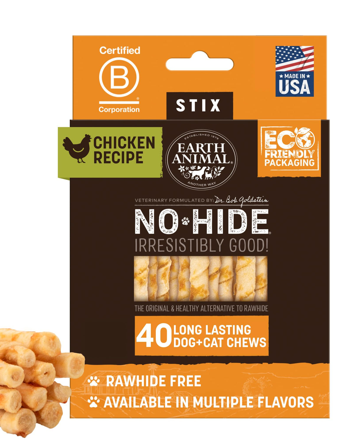 Earth Animal No Hide Stix chicken chews 40-count pack for small dogs support teeth.