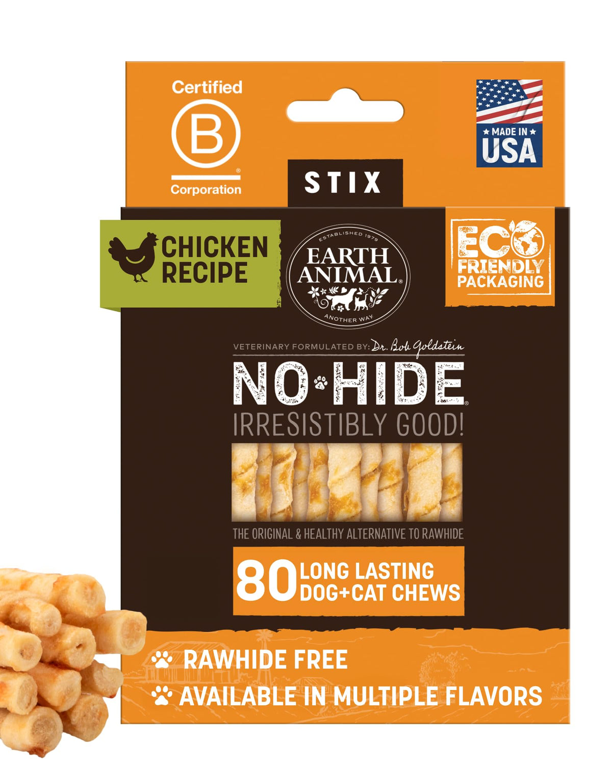 Earth Animal No Hide Stix chicken pack, 80-count, long-lasting chews for small dogs.