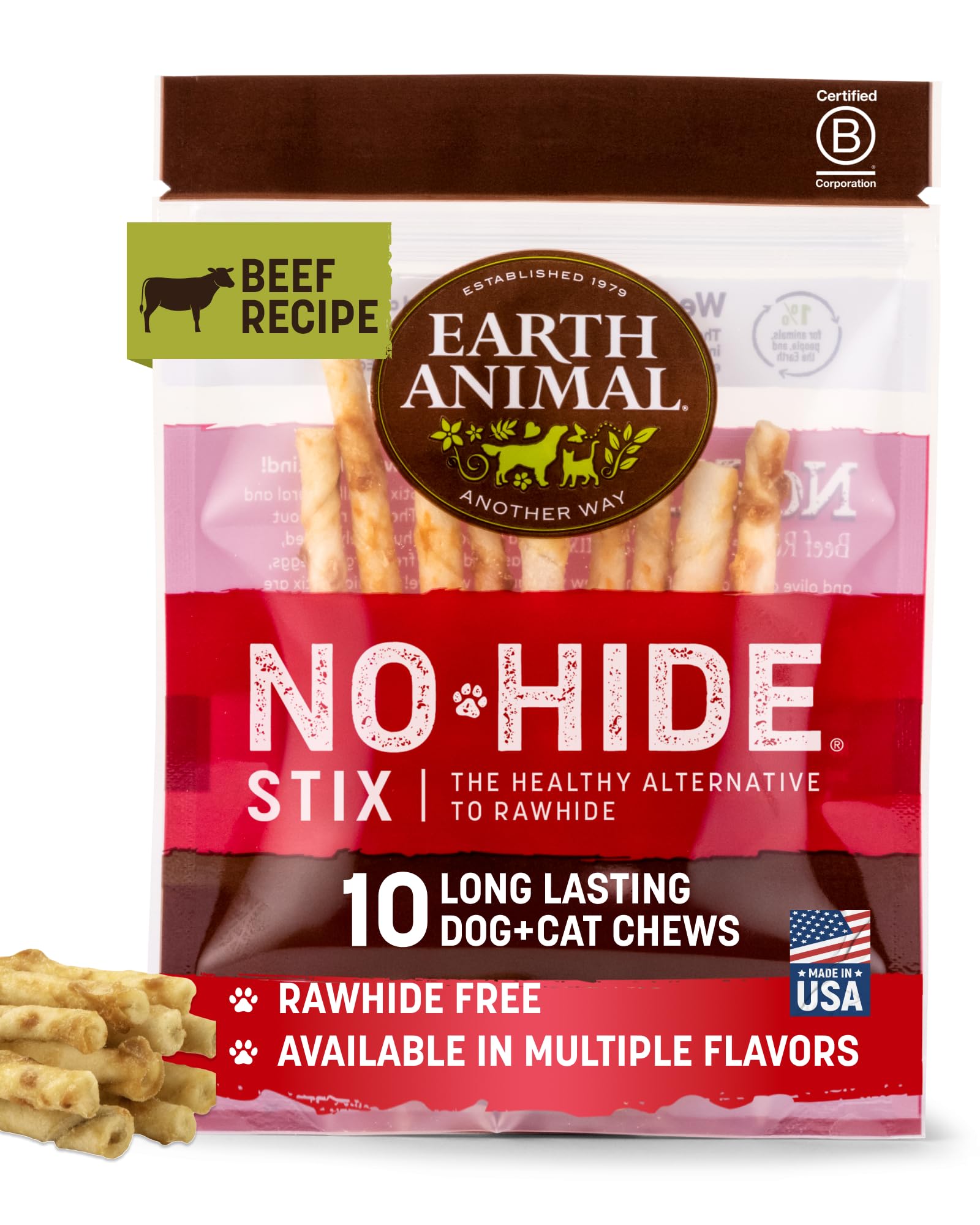Earth Animal No Hide Stix front view beef chew for long-lasting small-dog entertainment.