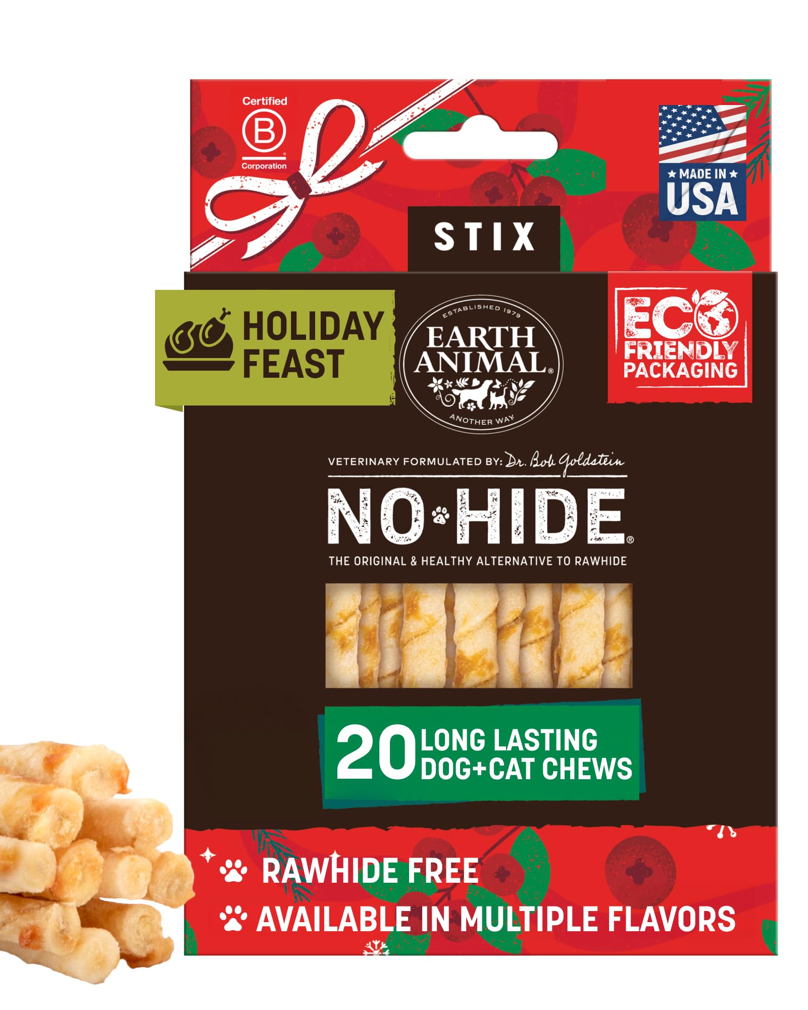 Earth Animal No-Hide Stix hero holiday pack shows long-lasting chews for small dogs.