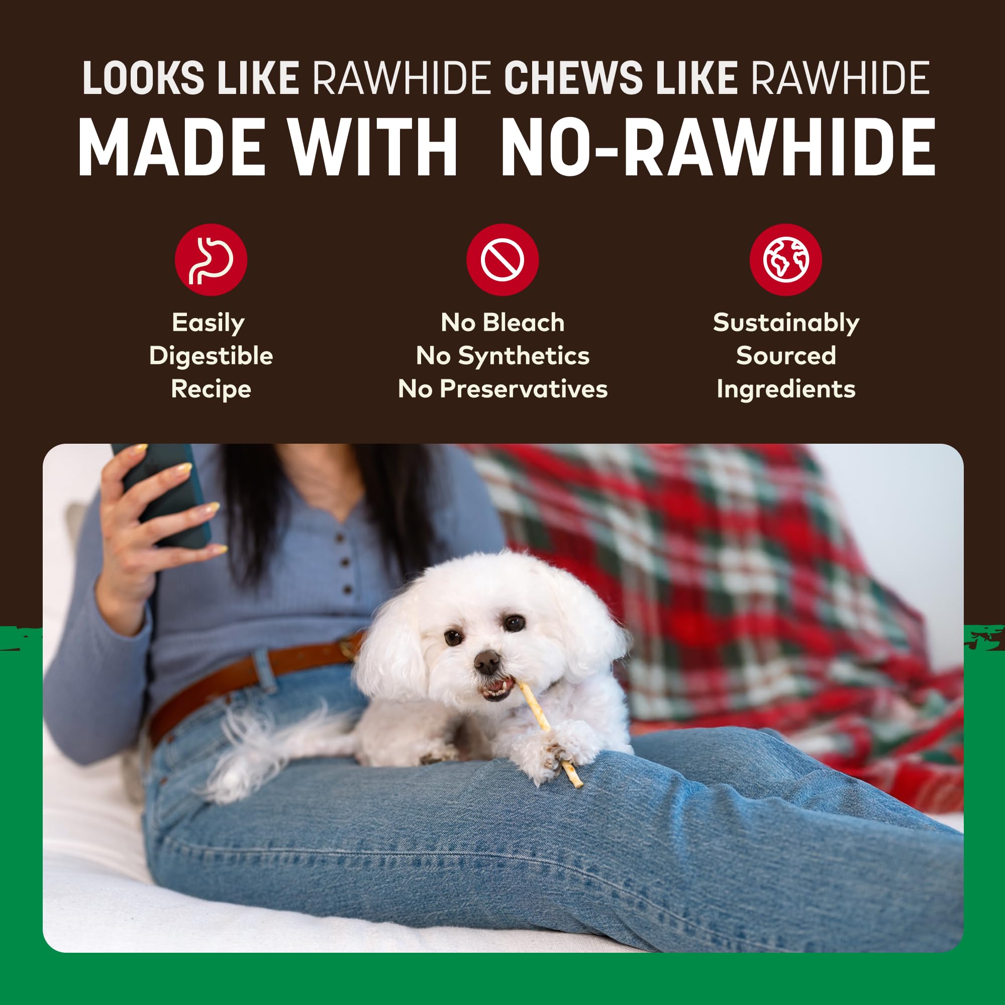 Earth Animal No-Hide Stix ingredients scene features brown rice flour and natural flavors.
