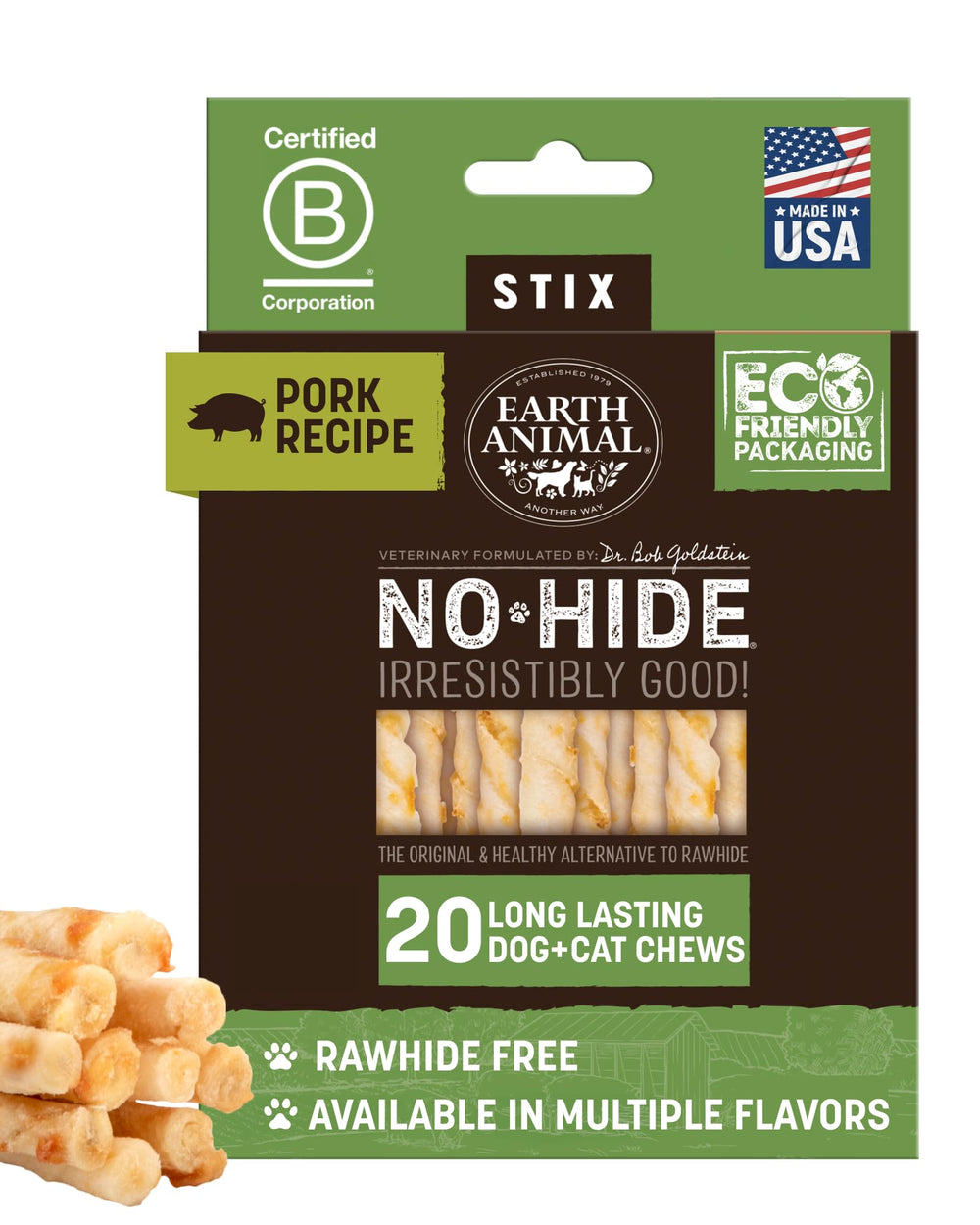Earth Animal No Hide Stix front-pack shows long lasting pork chews for small dogs