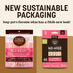 Close-up of Earth Animal No Hide Stix salmon sticks highlights digestive, oven-baked texture.