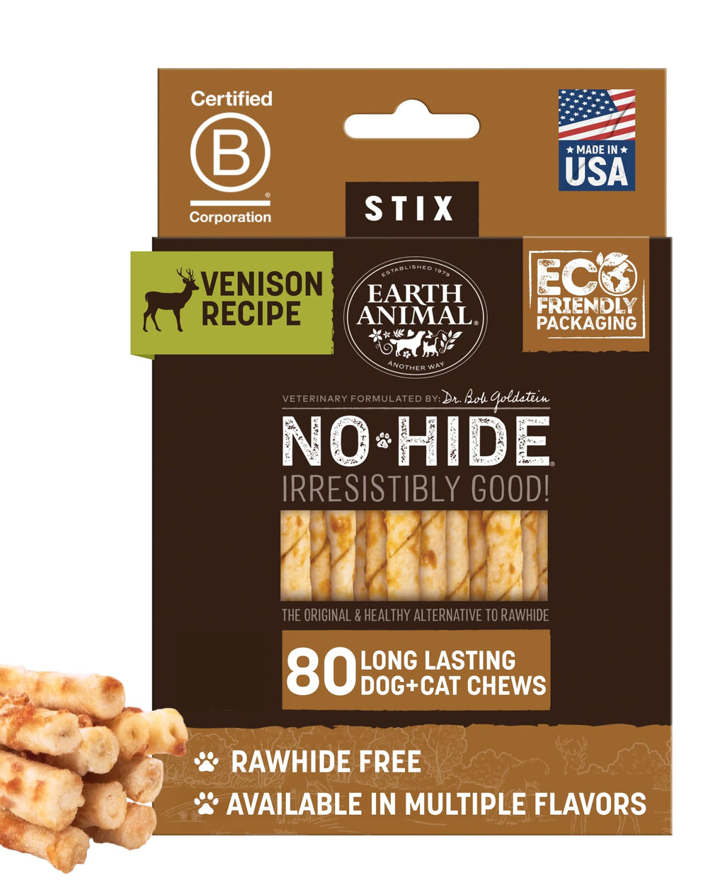 Earth Animal No Hide Stix venison pack shot—long-lasting, rawhide-free chew for small dogs.