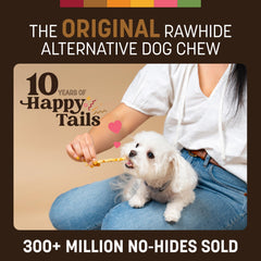 Earth Animal No Hide Stix venison stick in use by a small dog for satisfying chewing.