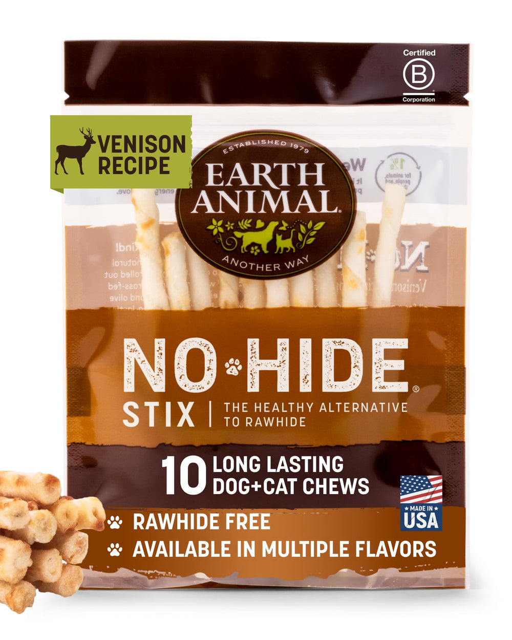 Earth Animal No Hide Stix venison packaging showing USA-made rawhide-free chew.