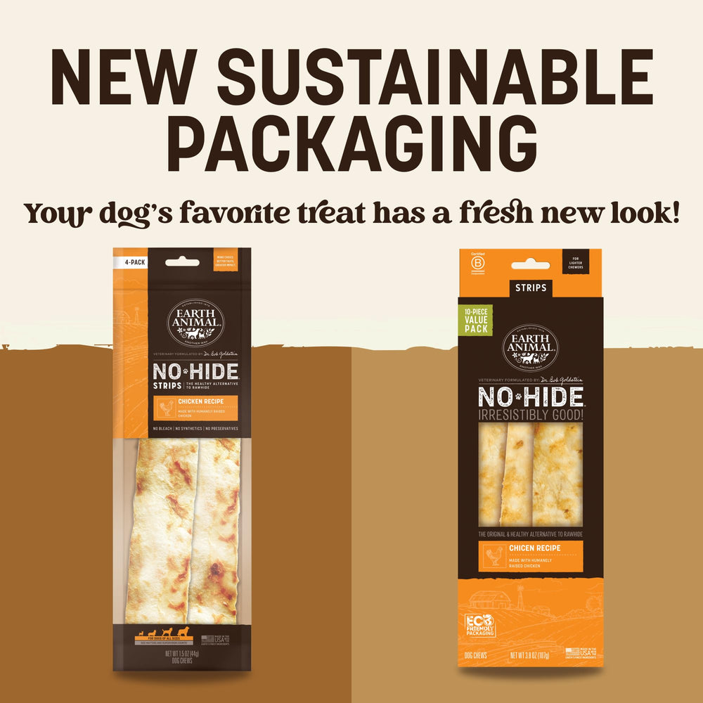 Earth Animal No Hide Strip chicken ingredients closeup—simple, natural formulation for a digestible chew.