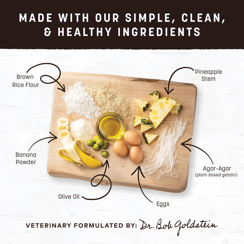 Earth Animal No-Hide Strips bite-size guide image illustrates portion options for dog sizes.