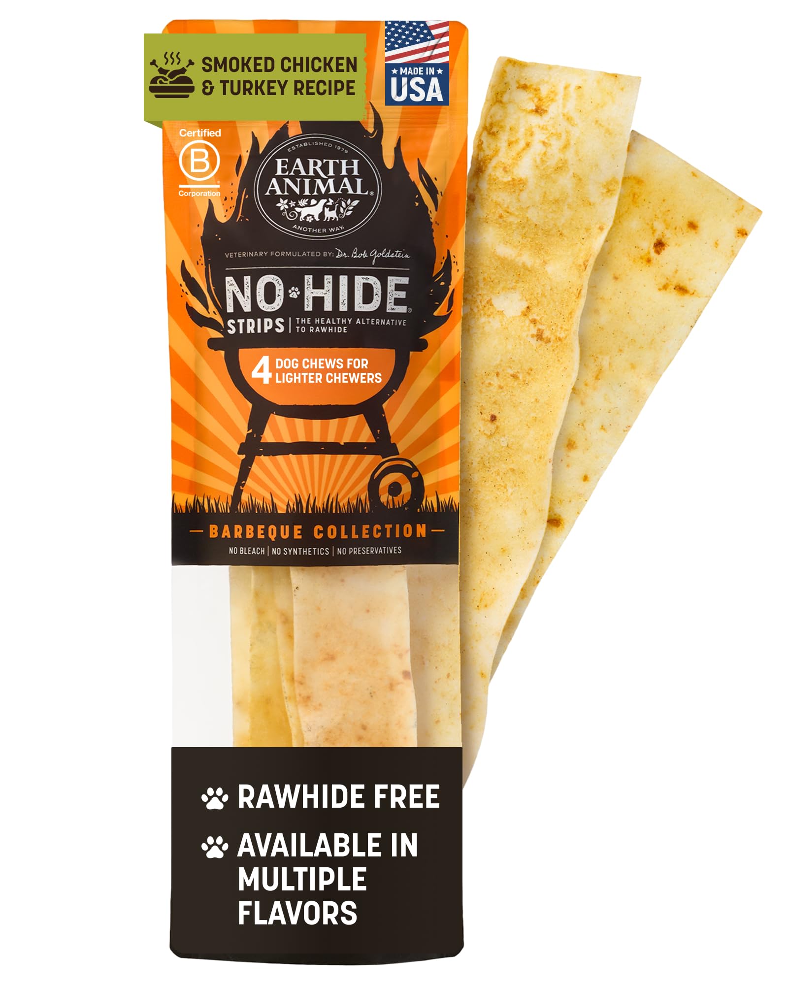 Earth Animal No-Hide Strips pack shot shows a natural dog chew for quick snacks.