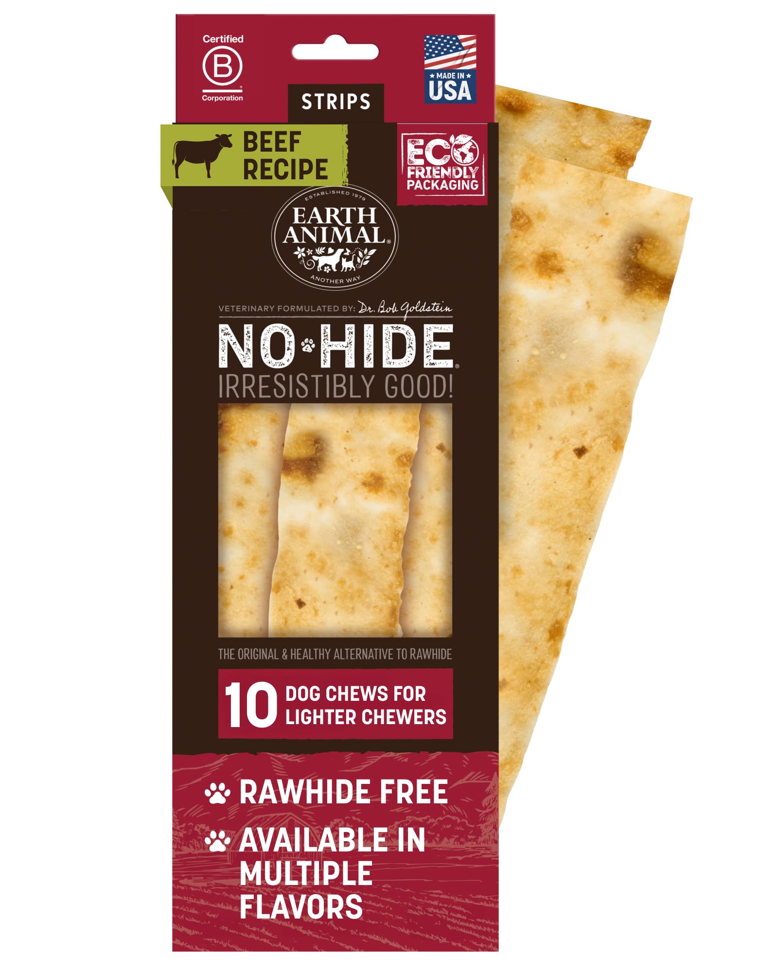 Earth Animal No-Hide Strips package view—digestible dog chew.
