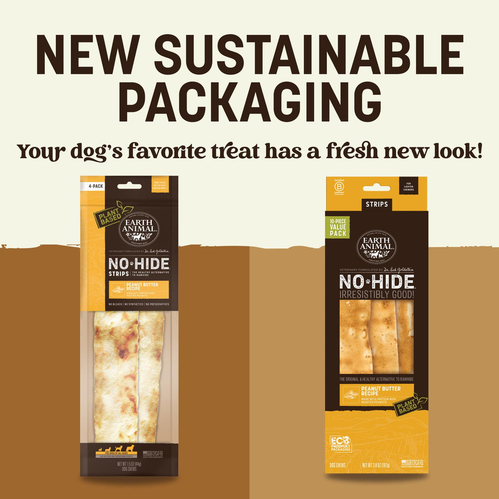 Earth Animal No-Hide Strips peanut butter pack back — simple, digestible ingredients for healthy chewing.