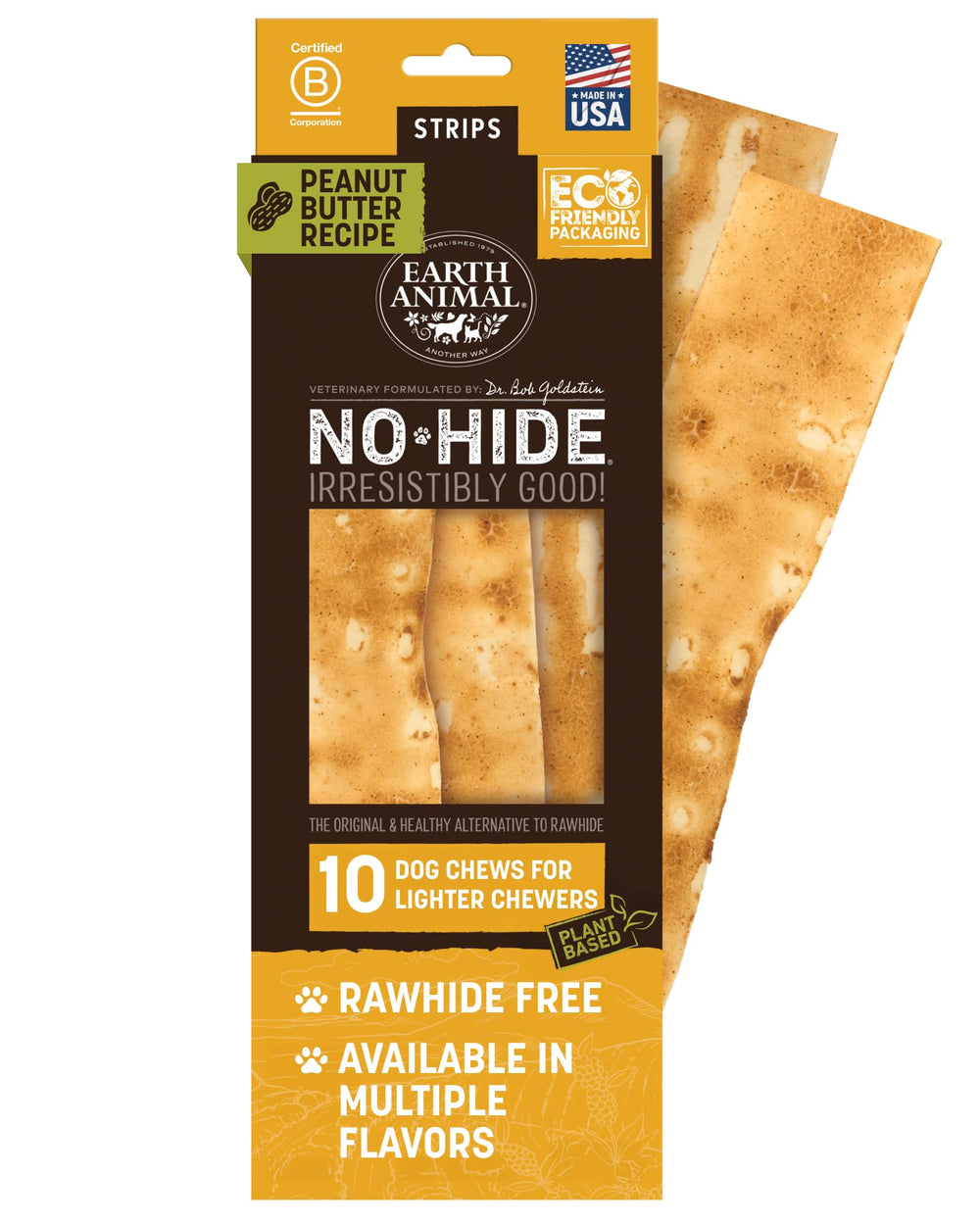 Earth Animal No-Hide Strips peanut butter pack front — durable chew for teeth and gums.