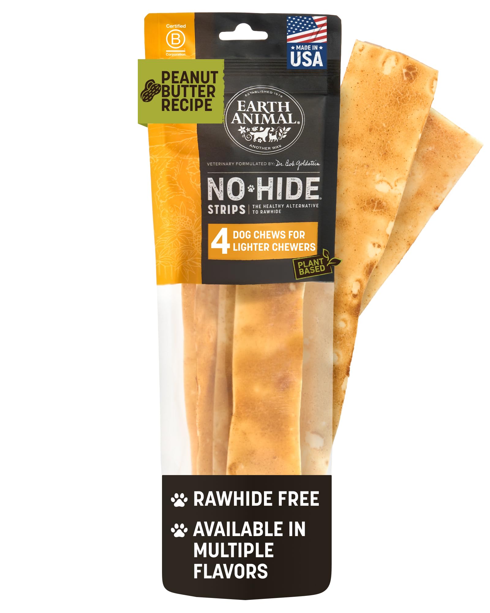 Earth Animal No Hide Strips Peanut Butter packaging shows natural ingredients for a dental-friendly dog chew.