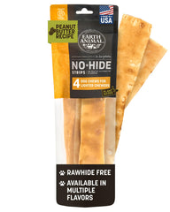 Earth Animal No Hide Strips Peanut Butter packaging shows natural ingredients for a dental-friendly dog chew.