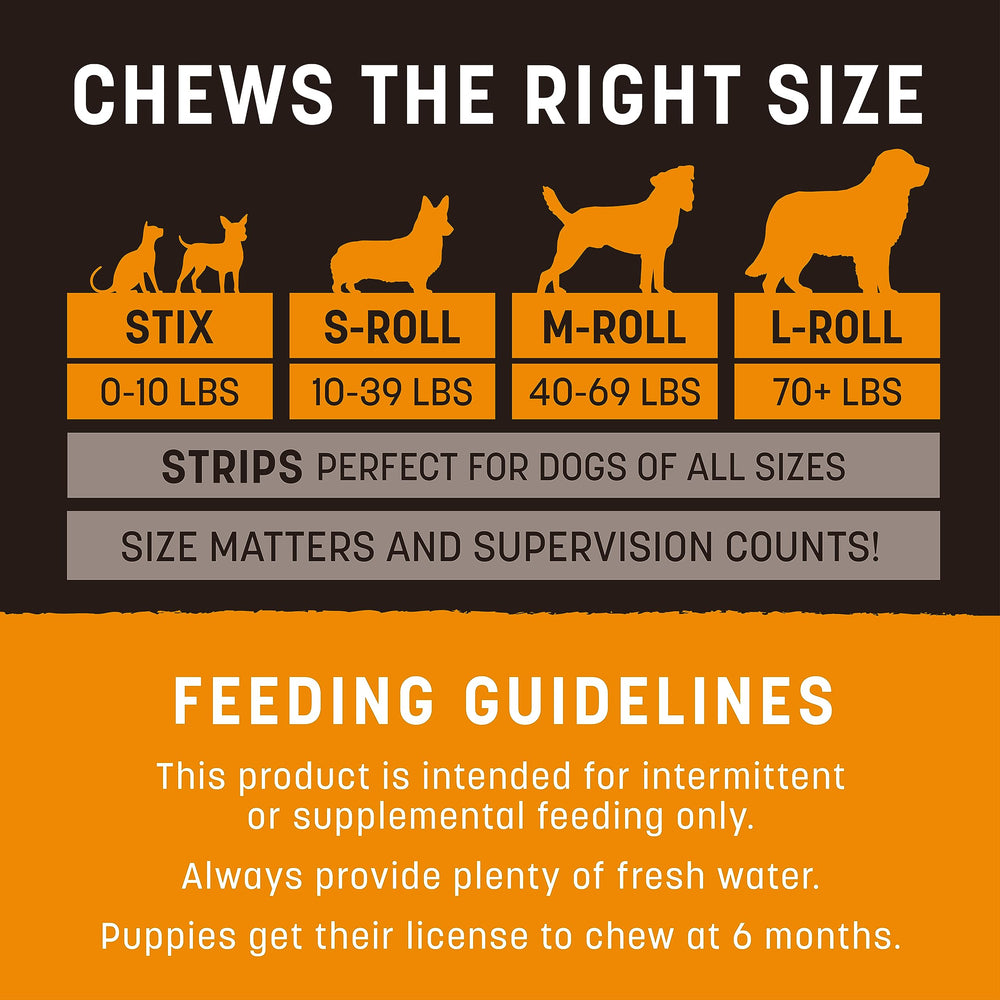 Earth Animal No-Hide Strips safety warning image presents sizing guidance and supervised chewing reminders.