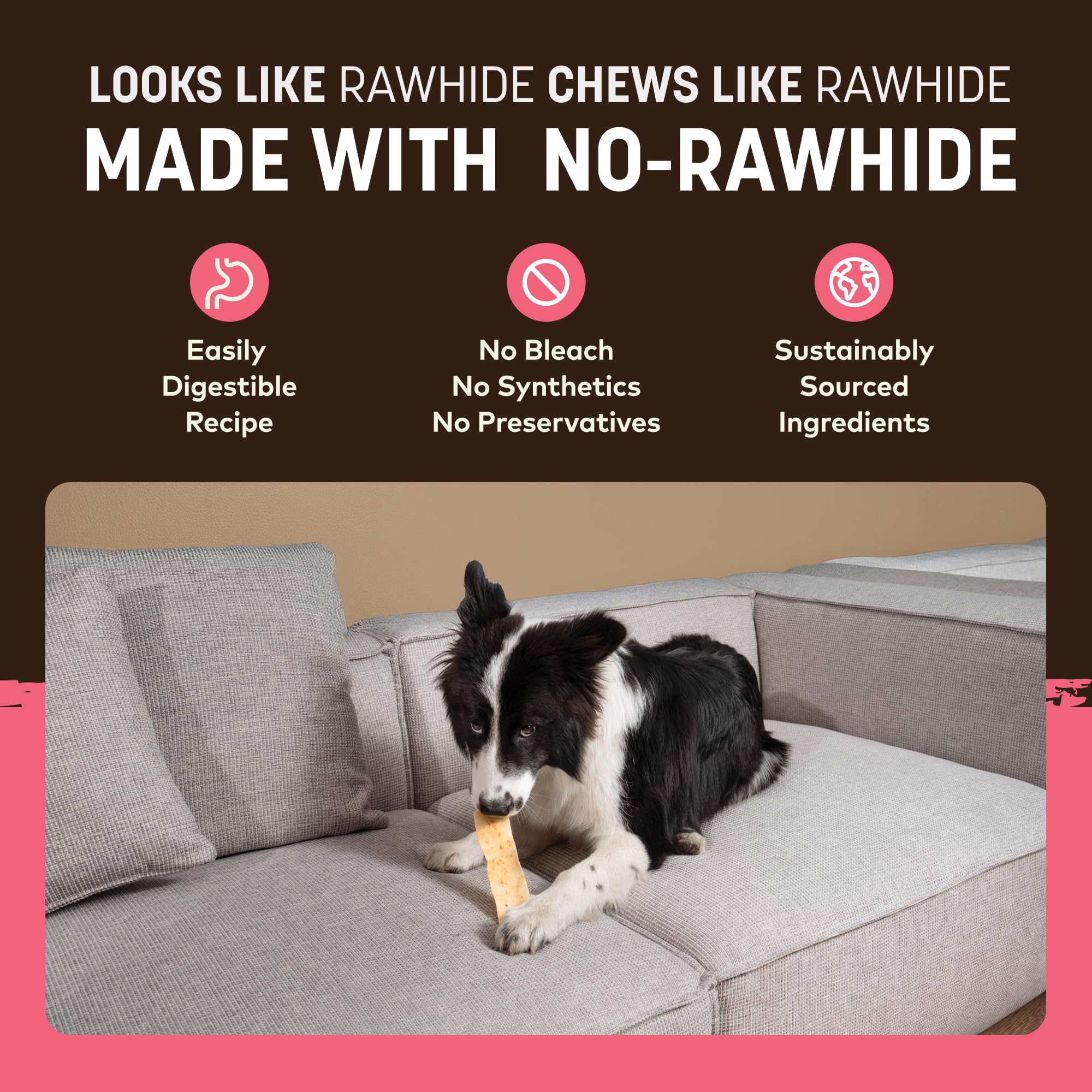 Earth Animal No Hide Strips salmon four-piece pack shown as convenient treats for dogs.
