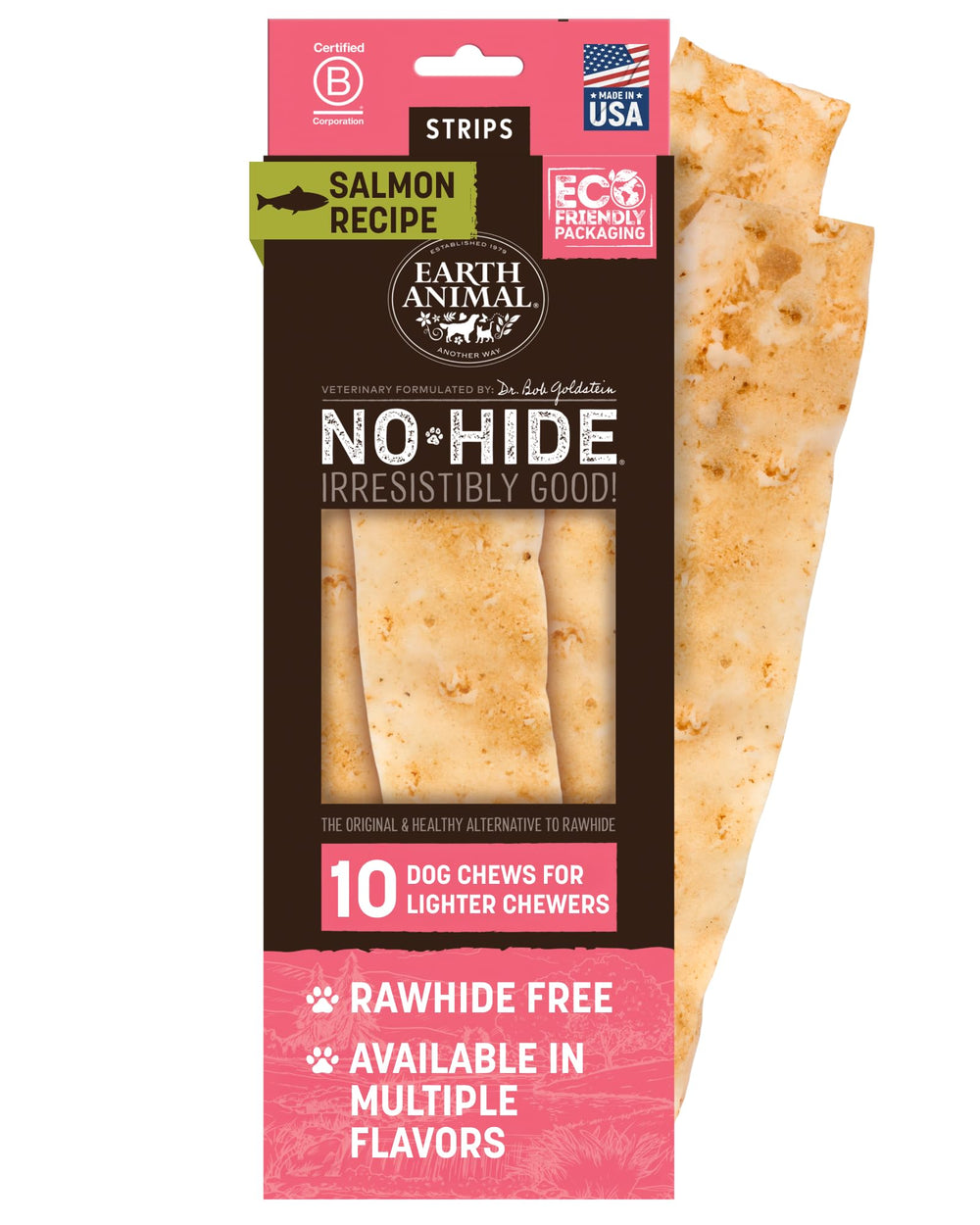 Earth Animal No Hide Strips Salmon front view, a savory daily chew for dogs.