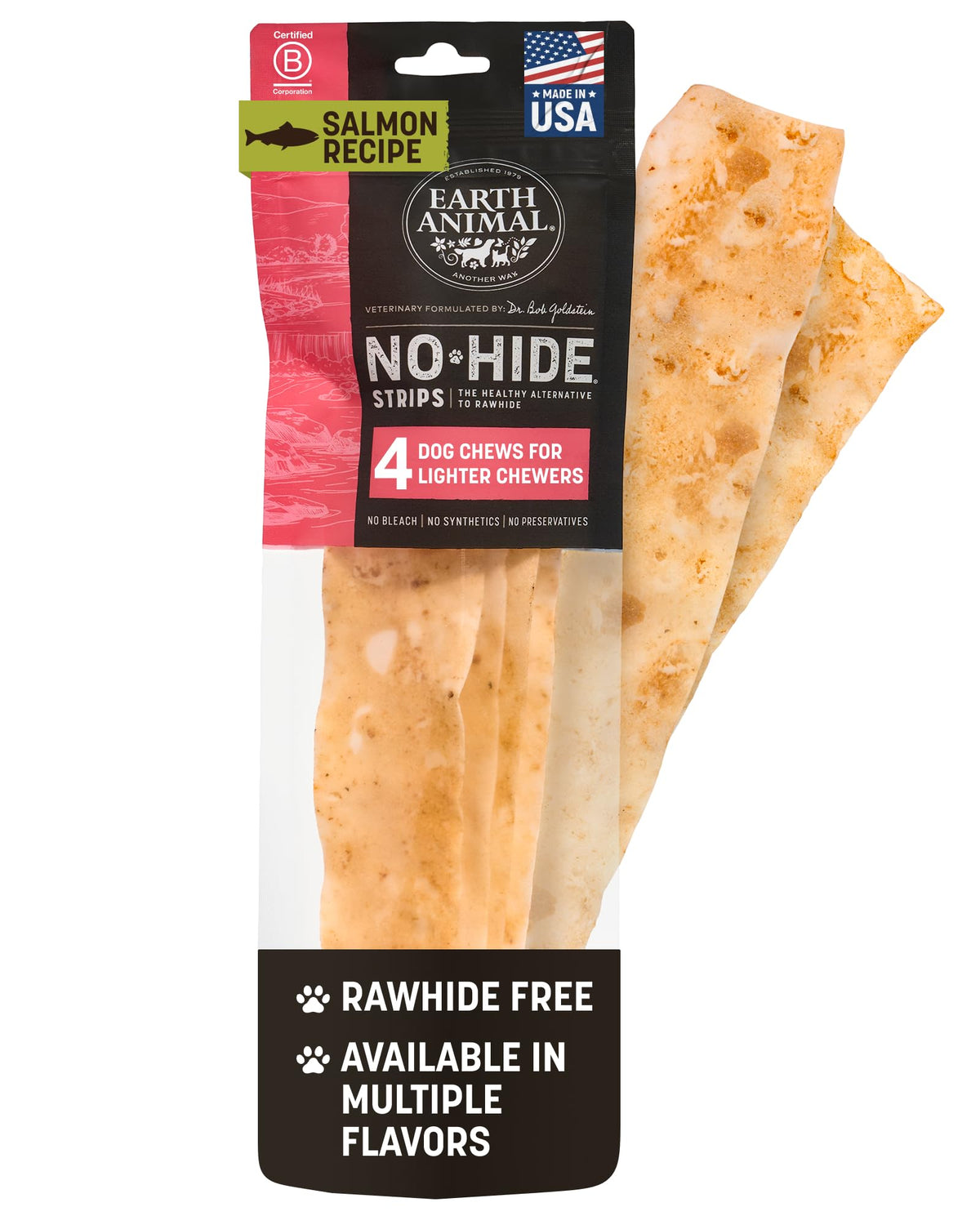 Earth Animal No Hide Strips Salmon packaging highlights simple ingredients for a natural chew.