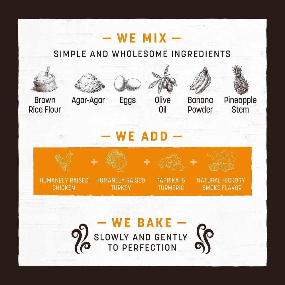Earth Animal No-Hide Strips simple ingredients graphic emphasizes natural proteins and baked texture.