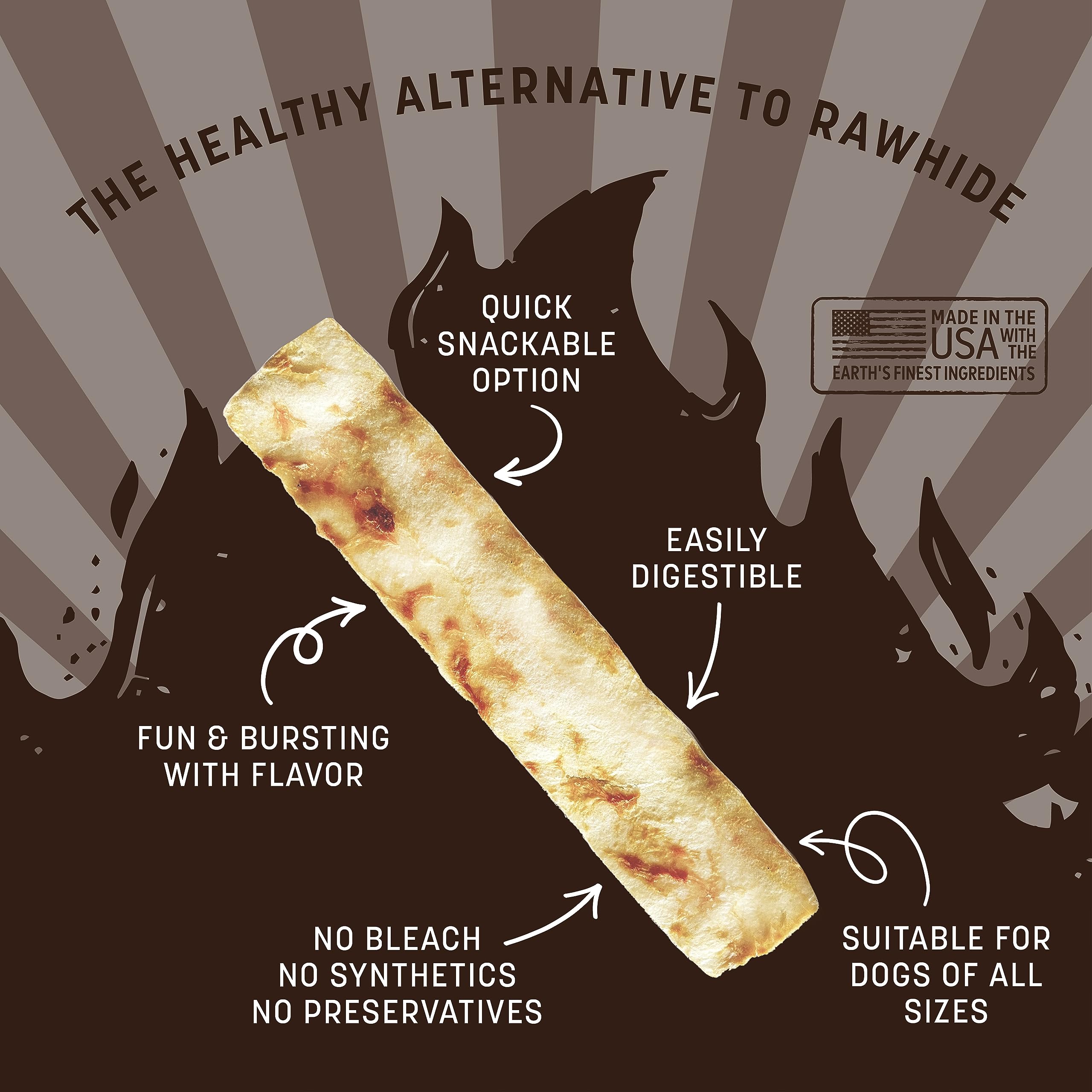 Earth Animal No-Hide Strips smoked chicken turkey closeup highlights wholesome ingredients and dental-friendly chews.