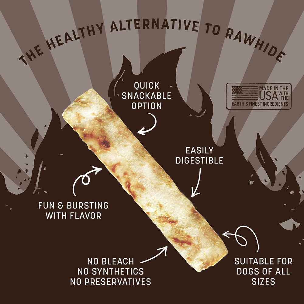 Earth Animal No-Hide Strips smoked chicken turkey closeup highlights wholesome ingredients and dental-friendly chews.