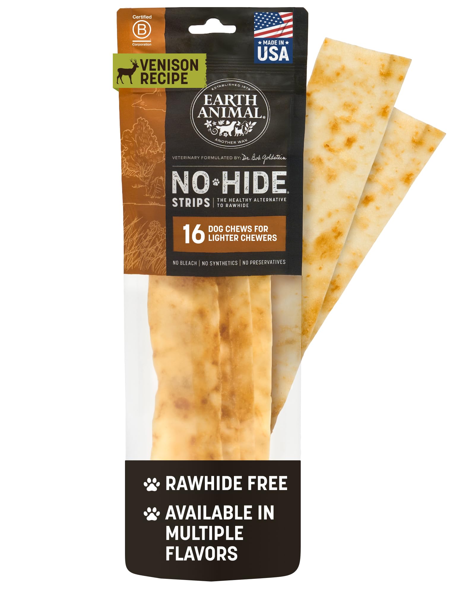Earth Animal No Hide Strips venison packaging shows a 16-count box for convenient dog chews.
