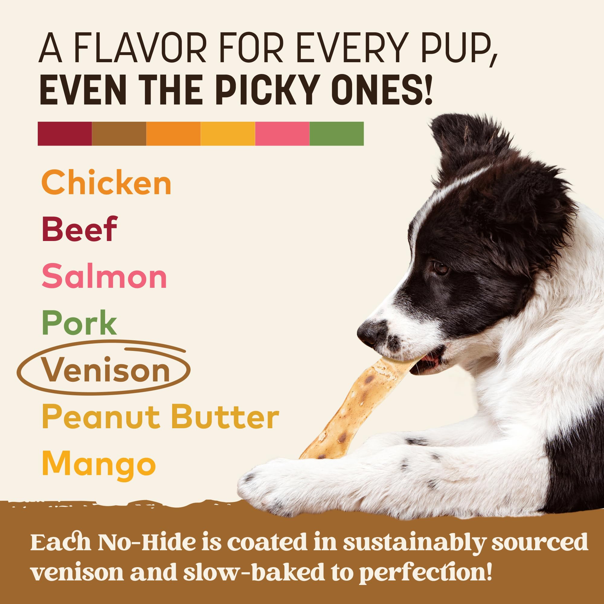 Earth Animal No Hide Strips venison teeth gums benefit image hints at supportive oral chewing action.