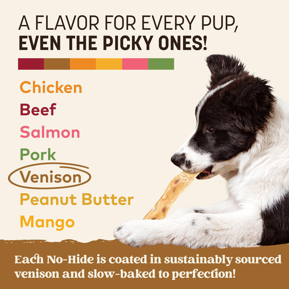 Earth Animal No Hide Strips venison teeth gums benefit image hints at supportive oral chewing action.
