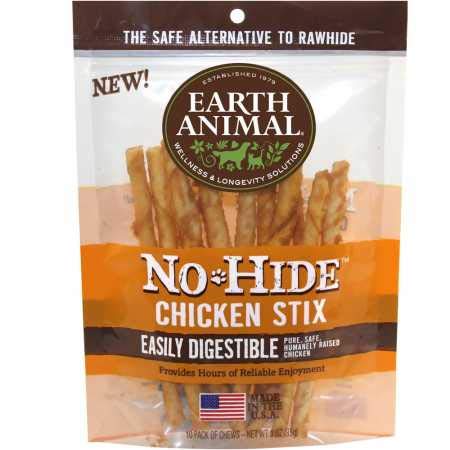 Earth Animal NoHide Chicken Stix 10-pack chews support dental health during daily play.