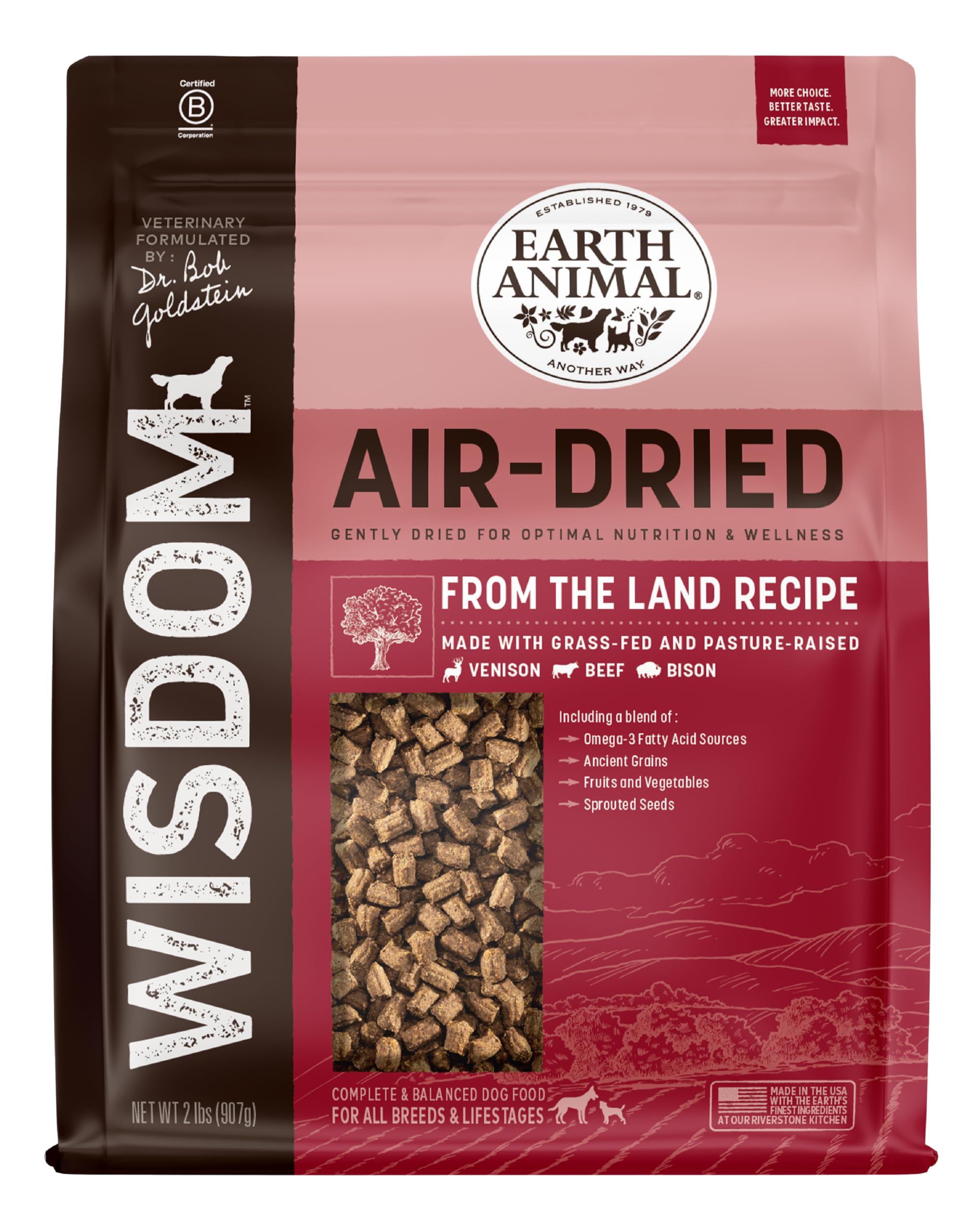 Earth Animal Wisdom air-dried dog food bag 2lbs for convenient, shelf-stable nutrition.