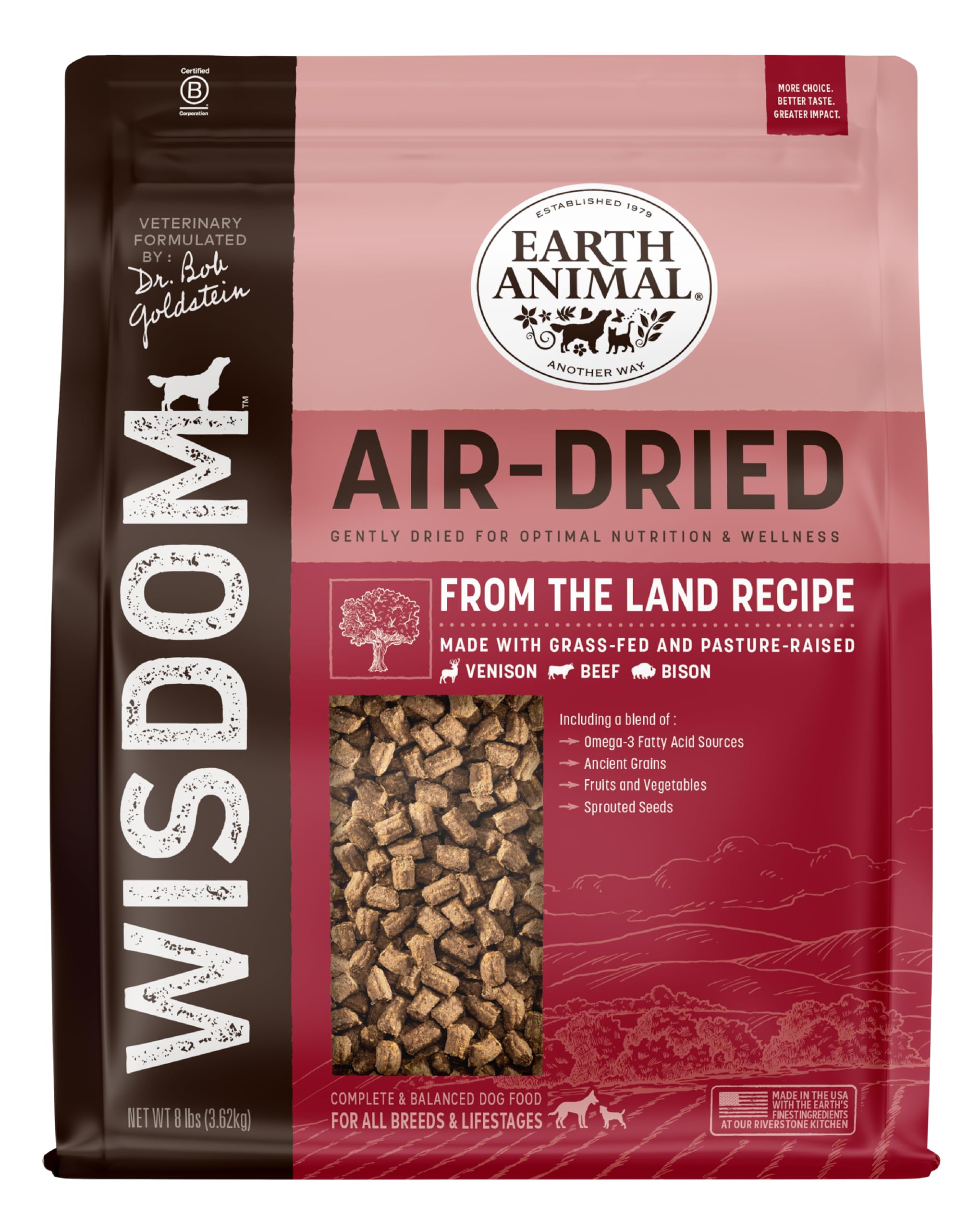 Earth Animal Wisdom air-dried dog food bag showcases premium ingredients.
