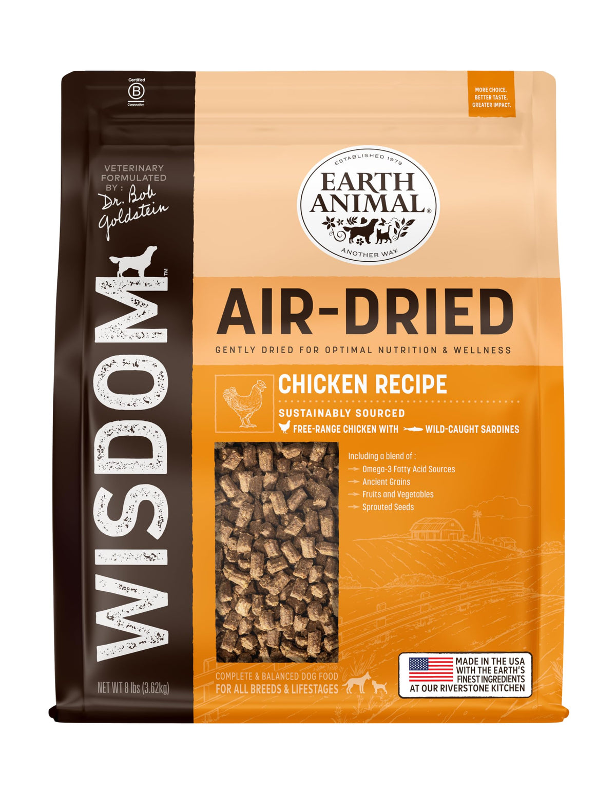 Earth Animal Wisdom air dried dog food bag 8lb enables easy serving and portion control.
