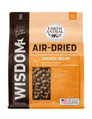 Earth Animal Wisdom air-dried dog food chicken bag shows premium protein for sensitive stomachs.